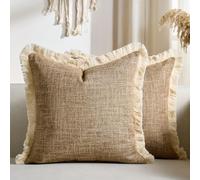 Faux Linen Pillow Covers with Tassels Fringed Boho Farmhouse Decorative Throw Pillowcase Rustic Woven Textured Cushion Case for Sofa Couch Bedroom Living Room Home Decor 18x18 Inch Khaki Set of 2