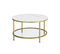 Faux Marble Round Coffee Table with Storage Shelf, Marble White + Metallic Gold