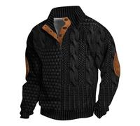 Faux Men's Jumpers Turtle Neck Jumper Henry Collar Knitted Jumper With Elbow Patches Cable Knit Sweater Stand Up Collar Pullover Jumpers Long Sleeve Button Sweater High Neck Winter Pullover Knitwear