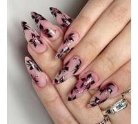 Faux Nails Autumn Winter Glossy Flower Print Long Stilettos Press On Nails 24Pieces Artificial Fingernails Long Stilettos Glittering Press On Nail