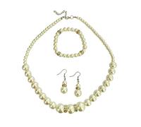 Faux Pearl Bead Necklace Earrings Set with Elastic Stretch Flex Bracelet Dress Jewellery Gift for Her Women Girls (Cream)