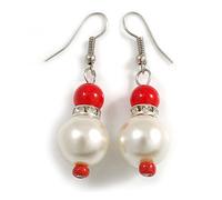 Faux Pearl & Red Ceramic Bead Drop Earrings with Crystal Rings - 45mm Length - Bold & Elegant
