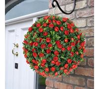 Faux Plants Outdoor, Artificial Topiary Balls, Faux Leaf Hanging Ornaments,Lifelike Hanging Boxwood Balls Fake Plants, Simulation Artificial Plant Indoor Outdoor (Red,21cm, One Size)