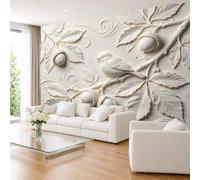 Faux Plaster Relief 3D Effect Little Bird On Oak Branch Acorn Sculpture Wall Mural 400×280cm (WxH) Peaceful Forest Themed Wall Art Decor for Living Room Lounge 400×280Cm (Wxh) (157×110Inch)