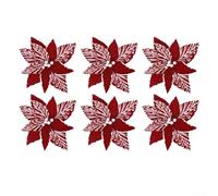 Faux Poinsettia Flower Set of 6 with Flannel Petals and Snow Like Details for Seasonal Home Decorations on Trees, Wreaths, and More (Wine red)