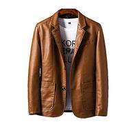 Faux PU Leather Casual Blazer Jacket Men Casual Slim Suit Vintage Motor Coats Plus Size Brown L (Tag XXL)
