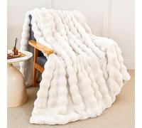 Faux Rabbit Fur Throw Blanket for Couch, Fluffy Warm Plush Thick Bubble Blanket for Bed Sofa Living Room, Soft Cozy Furry Blanket Home Decor, 50x60 inches, Cream White
