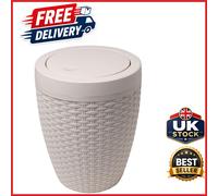 Faux Rattan Round Bathroom Bin with Swing Lid Calico Linen 5L Capacity