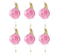 Faux Silk Rose Men Suit Boutonniere, Artificial Flower & Golden Leave Brooch Lapel Pin for Groom Groomsman Wedding Prom Dance Homecoming Party, 6-Pack, Polyester, no gemstone