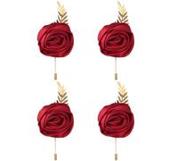 Faux Silk Rose Men Suit Boutonniere, Artificial Flower & Golden Leave Brooch Lapel Pin for Groom Groomsman Wedding Prom Dance Homecoming Party, 4-Pack, Polyester, no gemstone