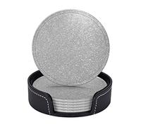Faux Sparkly Silver Glitter Printed,Round Coasters, Mugs Pad, Cups Mat Set of 6 Leather Drinks Coasters with Holder