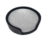 Faux Sparkly Silver Glitter Printed,Set of 6 Round Coasters, Pu Leather Drinks Coasters with Holder for Home Office Kitchen