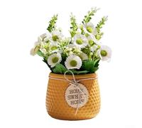 Faux Spring Flowers for Table Centre, Artificial Daisies in Pottery Vase, Maintenance Silk Flower Bouquet, Farmhouse Style Fake Floral for Home Office Decor, Yellow Pink White(white flowers)