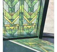 Faux Stained Glass Effect Transparent Window Film, Original Hand Dawn Static Cling Home Decal Inspired by Frank Lioyd Wright, 11.02" x55.12" Hollyhock House, Green