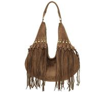 Faux Suede Fringe Hobo Shoulder Bag with Stud Detail & Detachable Crossbody Strap - Boho Cowgirl Style Tote with Dust Bag - Meg (Coffee)