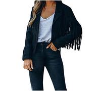 Faux Suede Fringe Jacket Women Long Sleeve Vintage Cropped Coats 70s Hippie Clothes Motor Biker Tassel Cardigan Outwears Black
