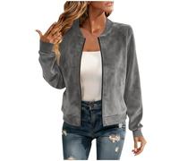 Faux Suede Jacket Womens Long Sleeve Zip Up Bomber Jackets Lapel Collar Motorcycle Short Jacket Casual Smart Cropped Pilot Coat Lightweight Zipper Flight Jackets Streetwear Outerwear