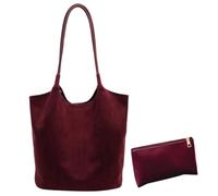 Faux Suede Solid Magnetic Closure Hobo Bag Top-Handle Tote for Women | Slouchy Shoulder Handbag for Work Travel Two-Piece Set with Clutch Purse 15.75x12.2x5.12inch