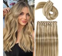 FAVE 18 Inch Human Hair Extensions for Thin Hair - Glueless Micro Bead Invisible Skin Weft, 100g 8pcs Remy Real Human Hair, Seamless Double Weft Design (Mixed Blonde)