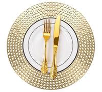 FAVE 6 PCS Round Table Mats Gold Vinyl Placemats Set of 6 - Washable Heart Shaped Hollow Out Place Mats for Wedding, Party, Birthday, Events, Home Decor & Daily Use(Gold Heart,6PCS)