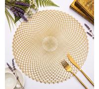 FAVE 8 PCS Vinyl Gold Round Placemats, Spiral Hollow Out Washable for Daily Dining, Holiday Events& Daily Use (15 Inch,8PCS)