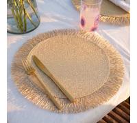 FAVE Gold Round Vinyl Placemats Set of 6, Washable Hollow Out Tassel Place Mats for Table Decoration, Daily Table Use, Holiday Decoration(15 inch,6PCS)