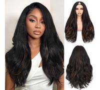 FAVE Half Wig for Black Women 26 Inches V Part Yaki Wavy Wig with Brown Highlights Glueless U Part Wig with Layers Synthetic Clip in Half Wig for Daily Use