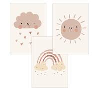 FAVELOT Poster for Children's Room Boys & Girls - Rainbow, Sun, Beige Boho - Pictures Baby Room Decoration - German Premium Print - Set of 3 DIN A4