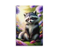 FAVIRXPYU Animal Brilliant Flower Bush Raccoon Artwork Decorative Painting Canvas Wall Posters And Modern Family Bedroom Decor 16x24inch(40x60cm)