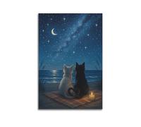 FAVIRXPYU Animal Two Cats Admiring Moon By Sea Artwork Decorative Painting Canvas Wall Posters And Modern Family Bedroom Decor 16x24inch(40x60cm)