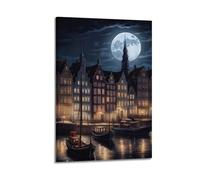FAVIRXPYU City Travel Illustration Style Poland Gdansk Moonlit Pier Decorative Painting Canvas Wall Posters And Modern Family Bedroom Decor 24x36inch(60x90cm)