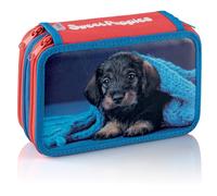Favorit Pencil Case with 3 Zippers for School, Contains 12 Colouring Pencils and 18 Felt Tip Pens 20 x 13 x 7.5 cm with 3 Compartments, Blue and Light Blue, Version Dog