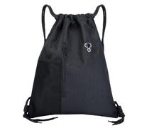 FAVORTALK Black Drawstring Gym Bags Waterproof Draw String Gym Bag Foldable Sports PE Backpack with Shoe Compartment with Mesh Side Pockets for Swimming Beach Sports for Adults 17909