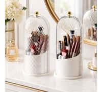 FAVORTALK Makeup Brush Holder with Lid 360 Rotating Makeup Brush Holder Organizer Dustproof Brushes Container for Vanity Cosmetics Display Cases (White)