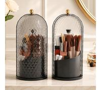 FAVORTALK Makeup Brush Holder with Lid 360 Rotating Makeup Brush Organiser Multifunction Clear Dustproof Skincare Cosmetic Tools Storage Organizer for Vanity Desktop Bathroom Countertop (Black)