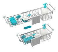 FavoThings Over The Kitchen Sink Caddy Sponge Holder Organizer Drying Rack Expandable for Sponge Brush Soap Dish Cloth Rag 14.5" to 22", Stainless Steel