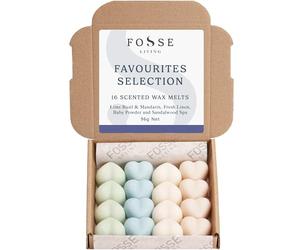 Favourites Selection Soy Wax Melts 16 Pack | Fresh Linen, Baby Powder, Lime Basil & Mandarin, Sandalwood Spa | Natural, Vegan & Plastic Free | 96 Hours Scent | Handmade in the UK - Fosse Living