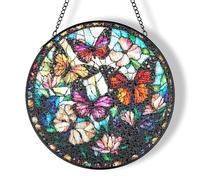 favovibee Stained Glass Window Hanging, Butterflies Flying in The Sky Suncatcher, Unique House Warming Gift New Home, Decor for Garden, Wall, Personalized Present for Women, Grandma, Mom, Man, 7.8in