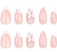 Favritt 24pcs Short Almond Press On Nails, Pink French Tip with 3D Bow Tie Flower Design, Reusable False Nails Kit