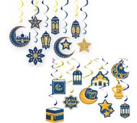 Favritt 36 Pcs Eid Decorations for Home with Kaaba Moon Lantern Hanging Ornaments and Spiral Ribbons Eid Mubarak Decorations for Ramadan Islamic Festival Party Decor