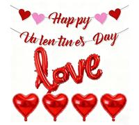 Favritt Valentine's Day Decorations Kit 4 Pcs 32 Inch Red Love Heart Balloons with Happy Valentine's Day Glitter Banner and Love Balloon for Anniversary Engagement Party