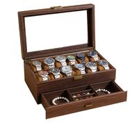 Favritt Watch Box with 12 Slots, 2-Layer Wooden Box for Men with Large Acrylic Lid, Rustic Walnut Jewellery Box Organizer with Drawer and Velvet Lining, Watch Display Case Gift for Loved Ones