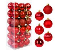 Favuit Christmas Baubles, Christmas Tree Decorations Ornament Balls Shatterproof Xmas Tree Plastic Hanging Ball 4cm 36pcs Baubles Glitter Pendant Bulk Set for Holiday Wedding Party Decor(red)