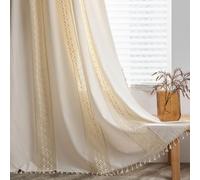 FAWFCJD Boho Curtains Country House Style Cotton Linen Tassel Curtains Vintage Hollow Translucent Beige Panel Curtains Crochet Curtain Window Curtain Panels Rod Pocket Curtain(Size:WxH:150x180cm)