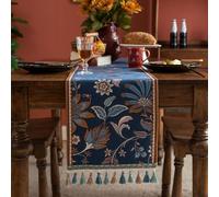 FAWFCJD Luxury Table Runner With Tassels Blue Long Elegant Embroidery Jacquard Table Runner Dresser Scarf Flower Table Runner For Dining Coffee Table Room Dresser Party Banquet Decorations(35x160cm)