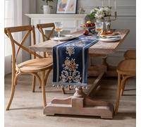 FAWFCJD Table Runner Chenille Jacquard Navy Blue European Flower Totem Woven Tassel Natural Material Table Runner Dustproof Party Table Cover For Kitchen Dinning Coffee Table Decoration(35x180cm)