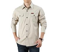 FAWHEWX Men's Button Down Shirt Cotton Wash Casual Long Sleeve Jacket Men's Regular Fit Long Sleeve Two Pocket Utility Shirt Loose Fit Long Sleeve Casual Shirt with Breast Pocket(D-Beige/L)