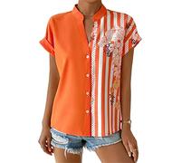 FAWHEWX Women's Shirt V Neck Button Double Contrast Color Floral Cardigan Short Sleeve Shirt Women's Summer Top Elegant Casual Short Sleeve Button Shirt Loose V Neck Tunic Top(Orange/S)