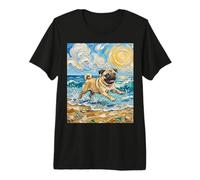 Fawn Pug Playing on a Summer Beach Artwork Premium T-Shirt