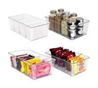 Fawnovey 4 Pack Food Storage Organizer Bins, Clear Plastic Bins, Spice Organization for Cabinet, 4 Compartment Holder pantry Organizers and Storage for Packets, Snacks, Pouches, Spice Packets